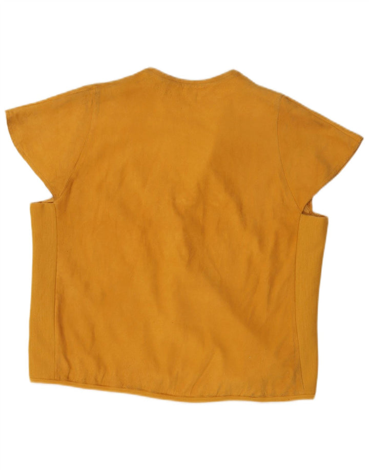 VINTAGE Женская замшевая блузка-рубашка с коротким рукавом, Великобритания 16, большой желтый цветочный принт