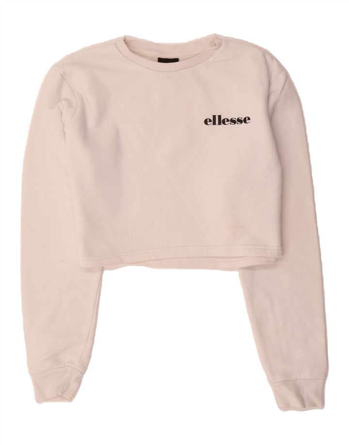 ELLESSE Womens Oversized Crop Sweatshirt Jumper UK 10 Small White Cotton Vintage Ellesse and Second-Hand Ellesse from Messina Hembry 
