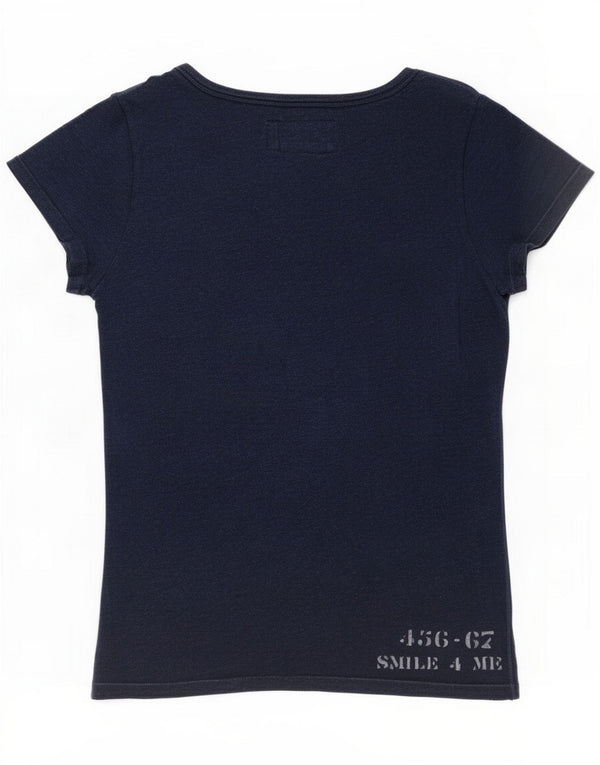 American Eagle Womens Graphic T-Shirt Top UK 14 Large Navy Blue Cotton