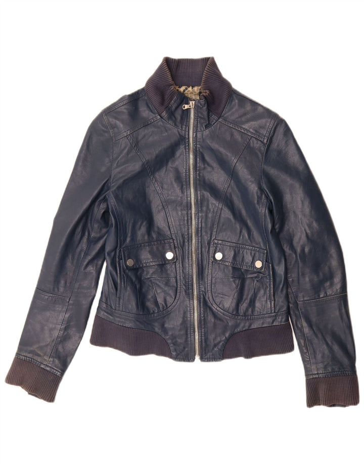 Винтажная женская укороченная кожаная куртка IT 44 Medium Navy Blue Leather