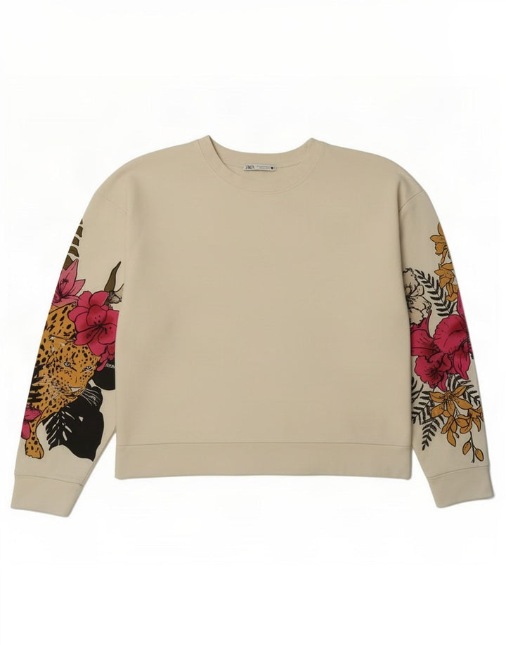 Женский джемпер оверсайз с рисунком Zara UK 14, средний белый цветочный принт