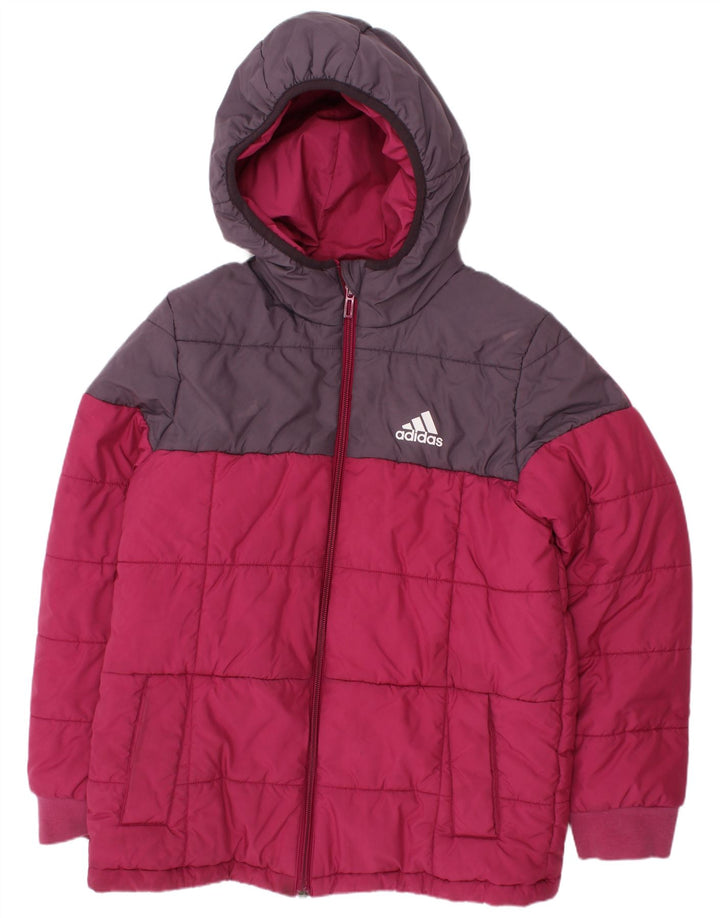 Утепленная куртка Adidas для мальчиков с капюшоном 9–10 лет, розовая, полиэстер с цветными блоками