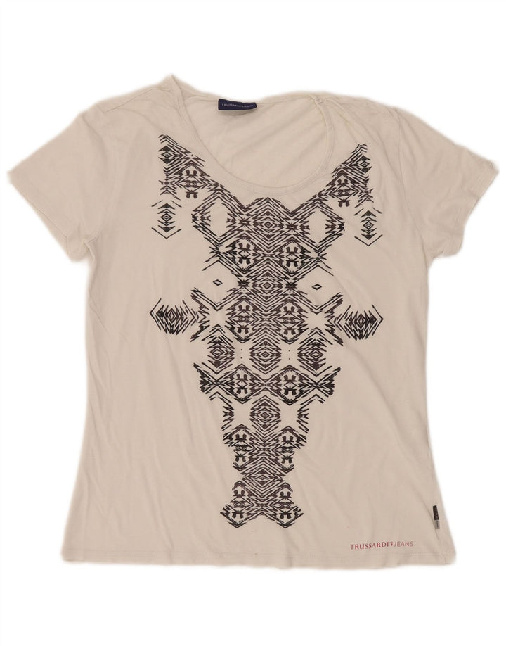TRUSSARDI JEANS Женская футболка с рисунком Top UK 14, большая белая с геометрическим узором