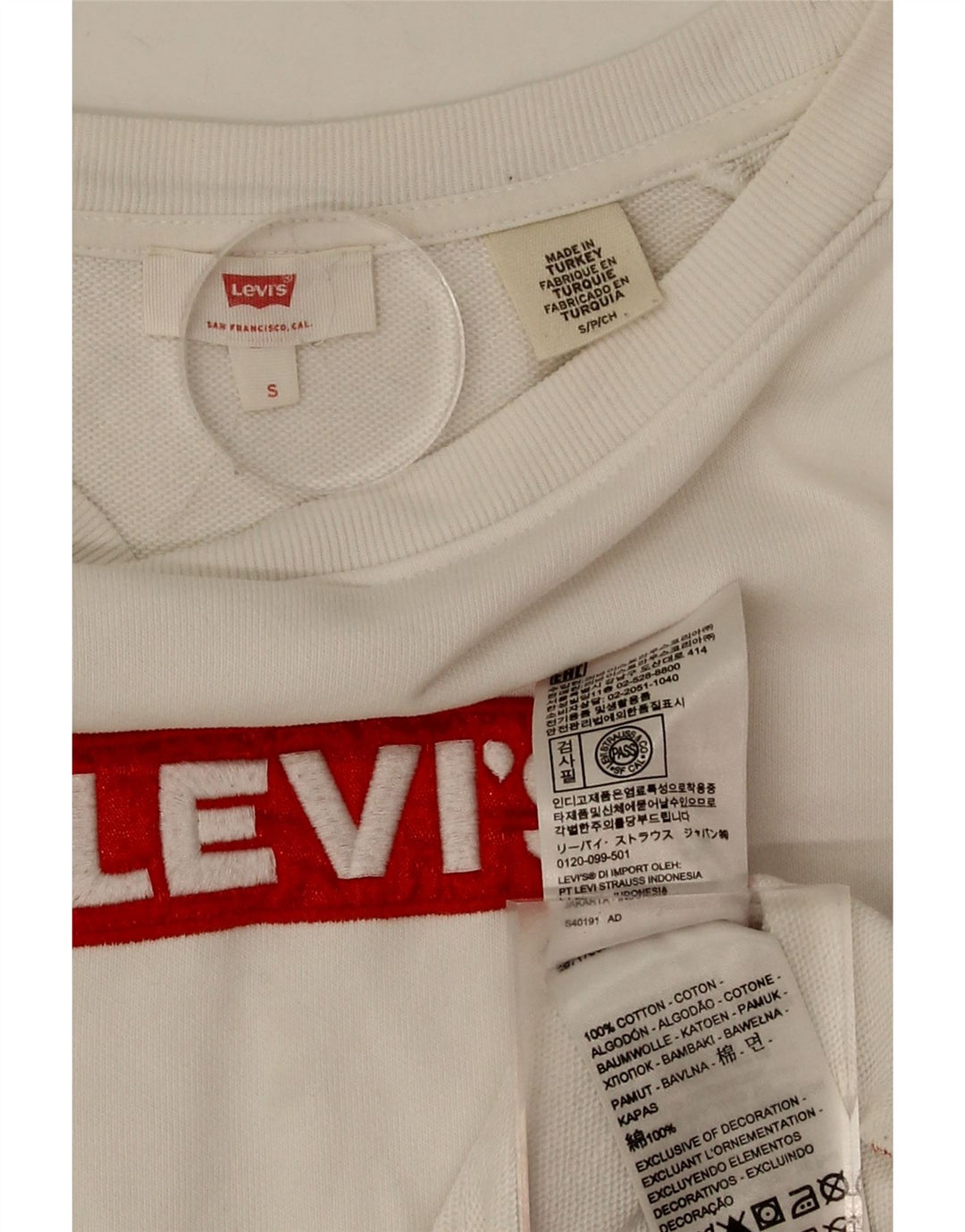 LEVI'S Womens Graphic Oversized Sweatshirt Jumper UK 10 Small White Cotton Vintage Levi's and Second-Hand Levi's from Messina Hembry 