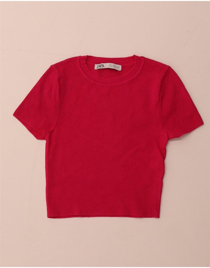 Женский укороченный джемпер с круглым вырезом ZARA с короткими рукавами, Великобритания, 8, маленький розовый