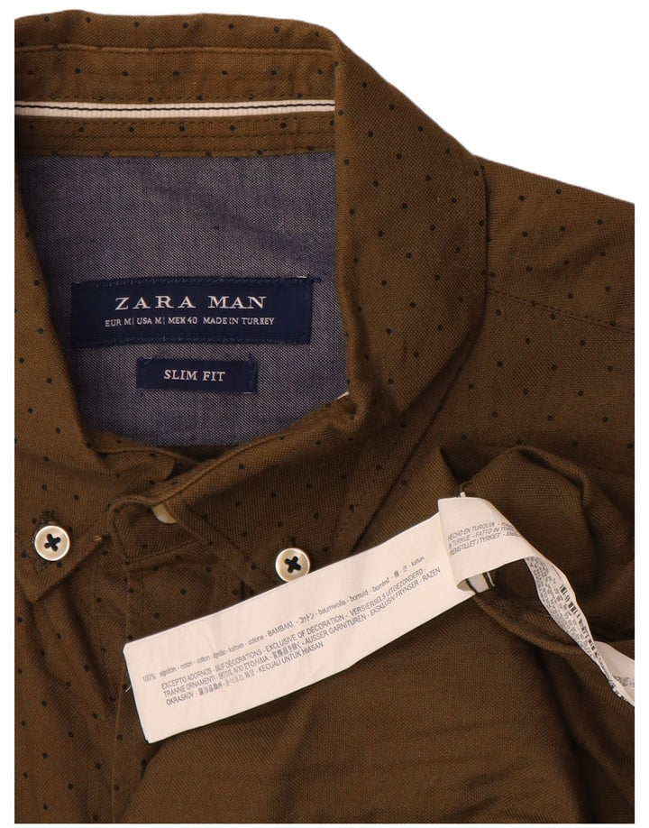 Мужская рубашка узкого кроя Zara среднего цвета, хаки, пятнистый хлопок