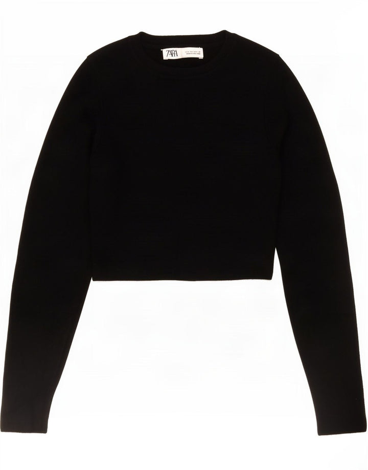 Женский укороченный топ Zara UK 12 с длинным рукавом, средний черный, вискоза