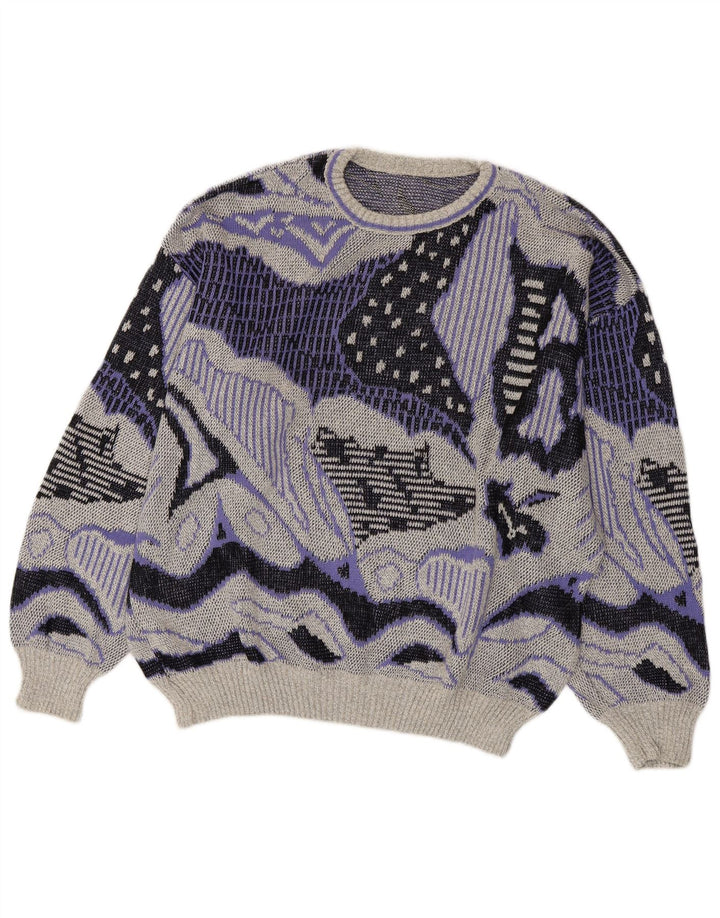 ВИНТАЖНЫЙ женский джемпер с круглым вырезом с абстрактным узором, свитер, Великобритания, 20, 2XL, серый