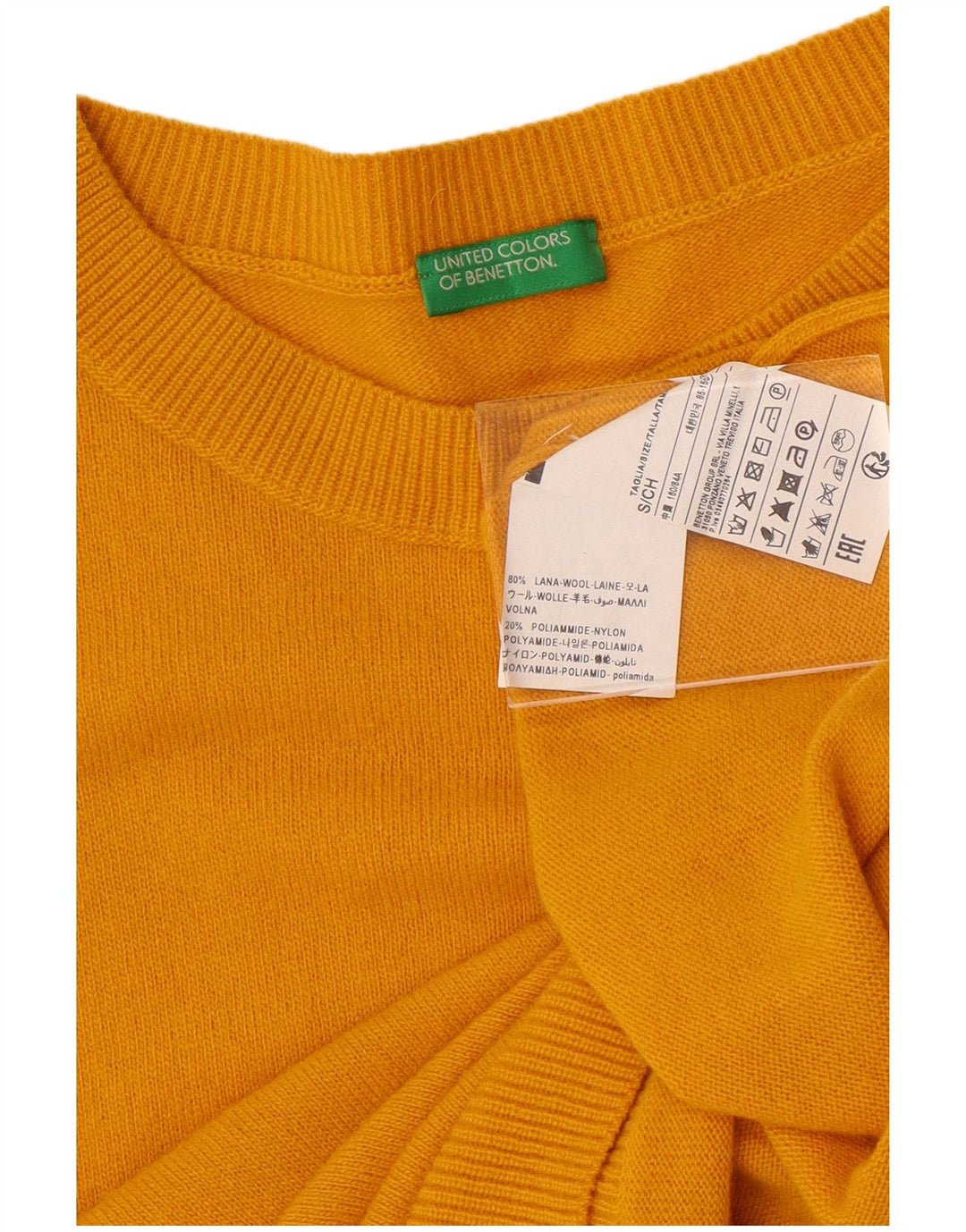 Женский свободный джемпер с круглым вырезом BENETTON, размер UK 10, маленький, желтый, шерсть