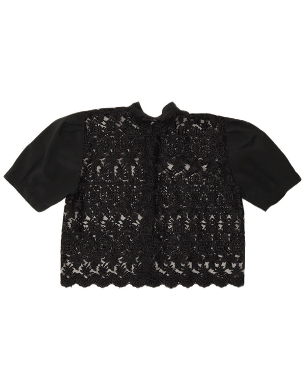 Винтажная женская укороченная прозрачная блузка-рубашка UK 14, средний черный цвет с цветочным принтом