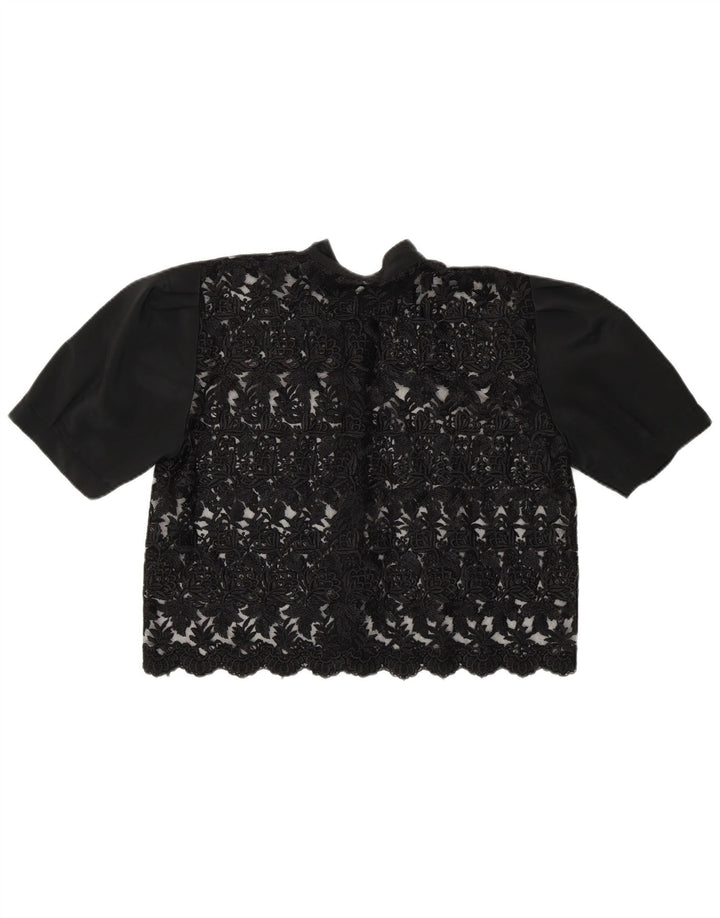 Винтажная женская укороченная прозрачная блузка-рубашка UK 14, средний черный цвет с цветочным принтом