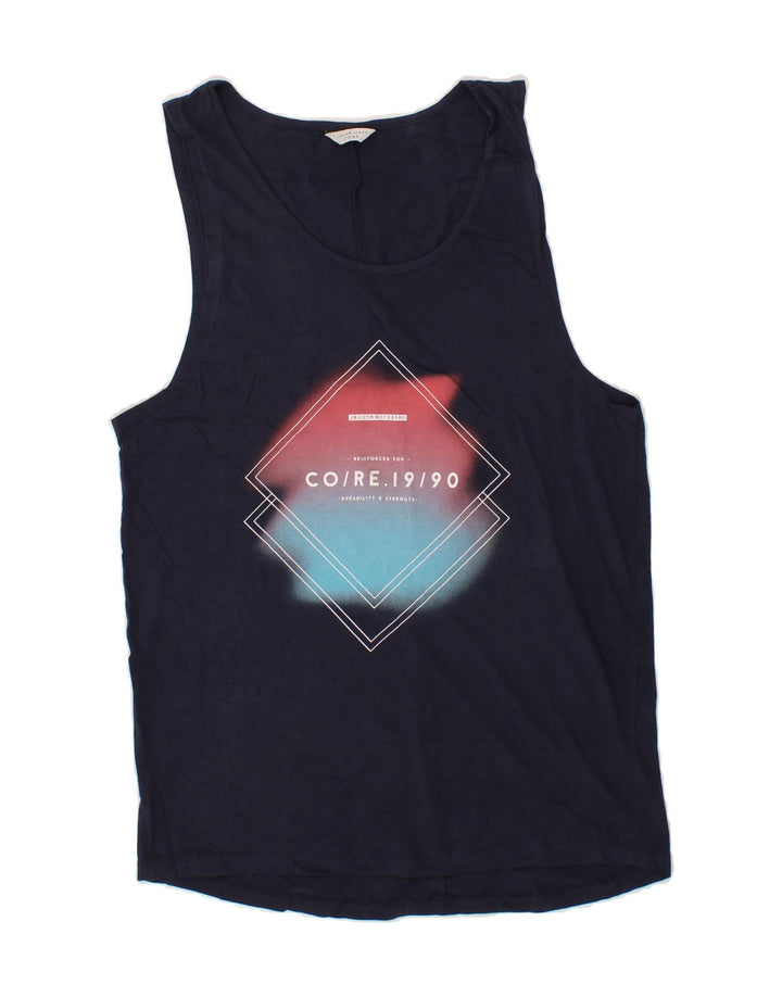 JACK & JONES Mens Core Graphic Vest Top Medium Navy Blue Cotton Vintage Jack & Jones and Second-Hand Jack & Jones from Messina Hembry 