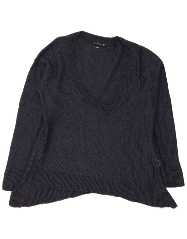 Zara Womens Oversized V-Neck Jumper Sweater UK 14 Medium Navy Blue Flecked