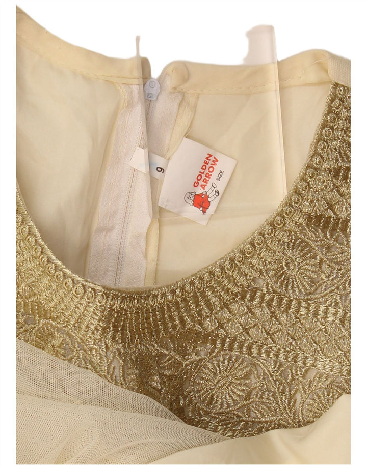 ВИНТАЖНОЕ женское платье А-силуэта с длинными рукавами, США 6, средний бежевый с цветочным принтом