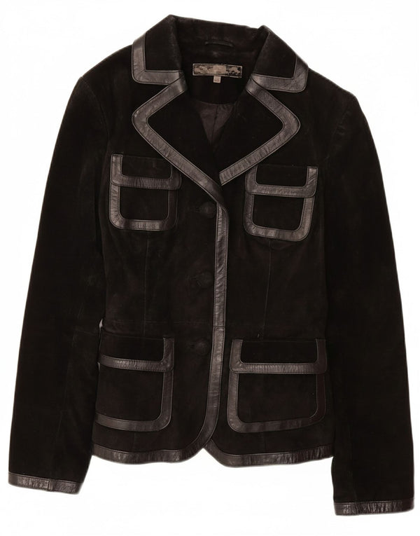 ВИНТАЖНАЯ Женская Замшевая Куртка UK 12 Средний Черный Кожаный