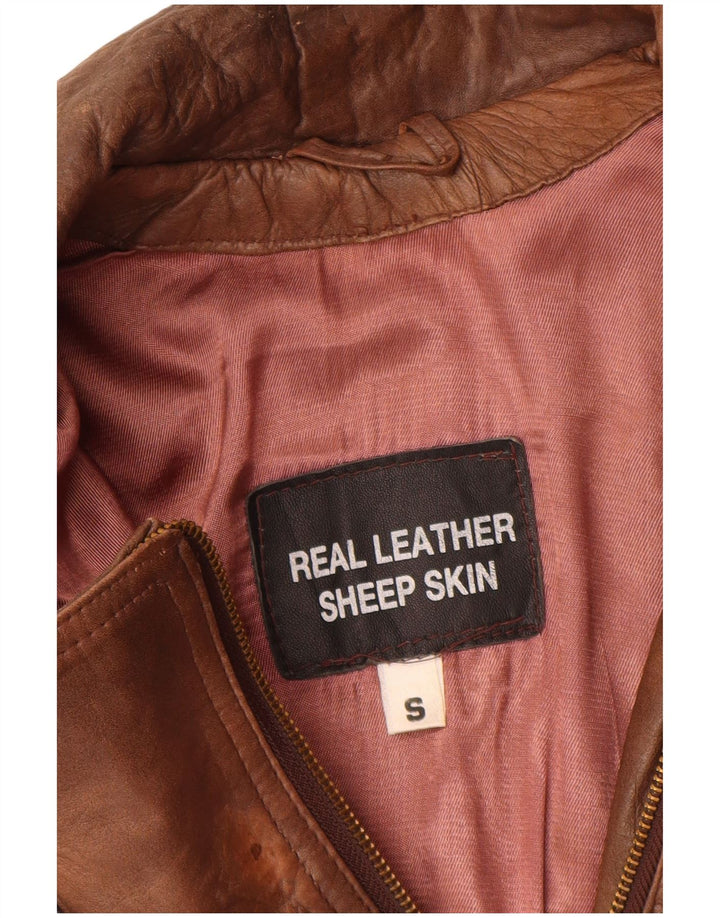 Винтажная женская кожаная байкерская куртка UK 10, маленькая коричневая кожаная