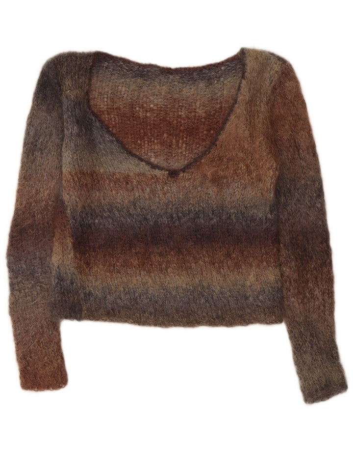 Винтажный женский джемпер с v-образным вырезом, Великобритания, 14, средние разноцветные полоски