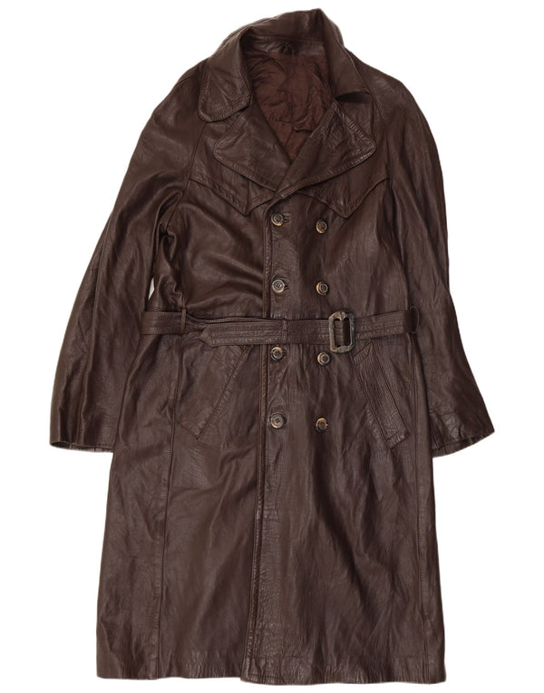 ВИНТАЖНОЕ женское двубортное кожаное пальто IT 52 2XL Коричневое кожаное