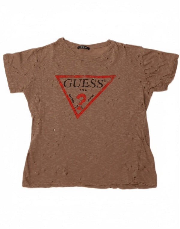 Женская футболка Guess с перфорированной графикой Top UK 14, средний коричневый цвет