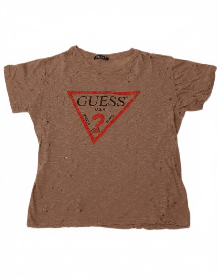 Женская футболка Guess с перфорированной графикой Top UK 14, средний коричневый цвет