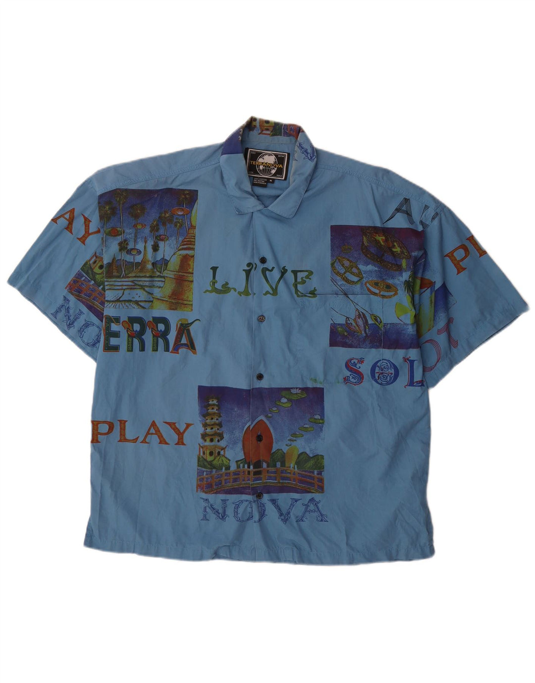 TERRANOVA Мужская рубашка с коротким рукавом с графическим рисунком, средний синий лоскутный хлопок