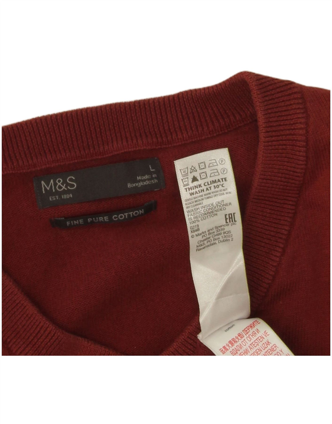 Мужской джемпер с v-образным вырезом Marks & Spencer, большой бордовый хлопковый свитер
