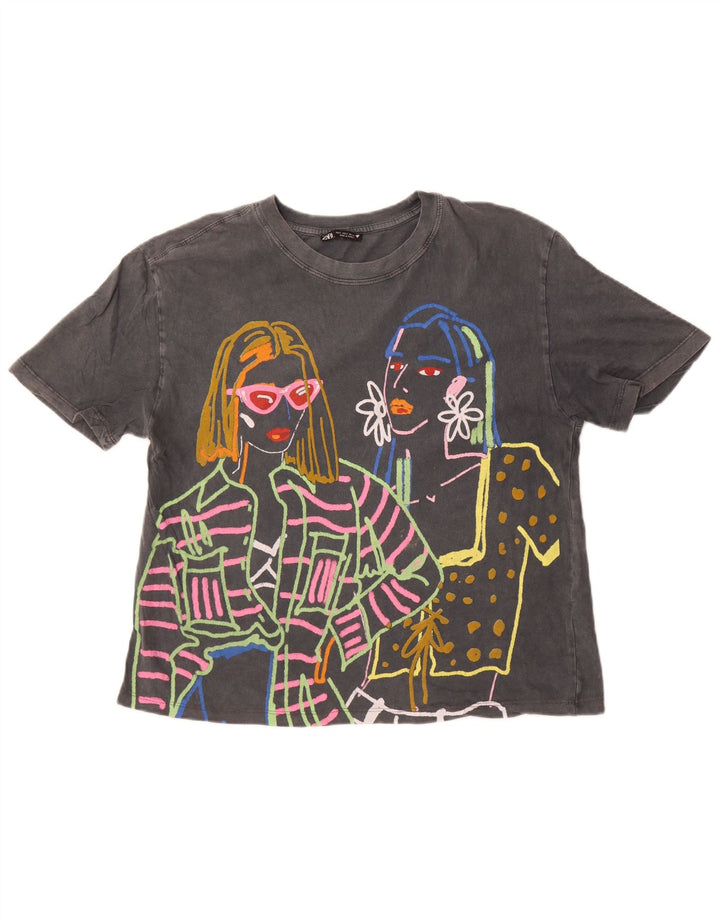 Женская футболка оверсайз с рисунком Zara Top UK 10, маленький серый хлопок