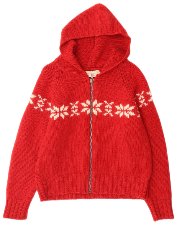 Vintage Womens Hooded Cardigan Sweater UK 10 Small Red Fair Isle Wool