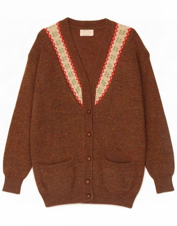 Benetton Womens Oversized Cardigan Sweater UK 6 XS Brown Fair Isle