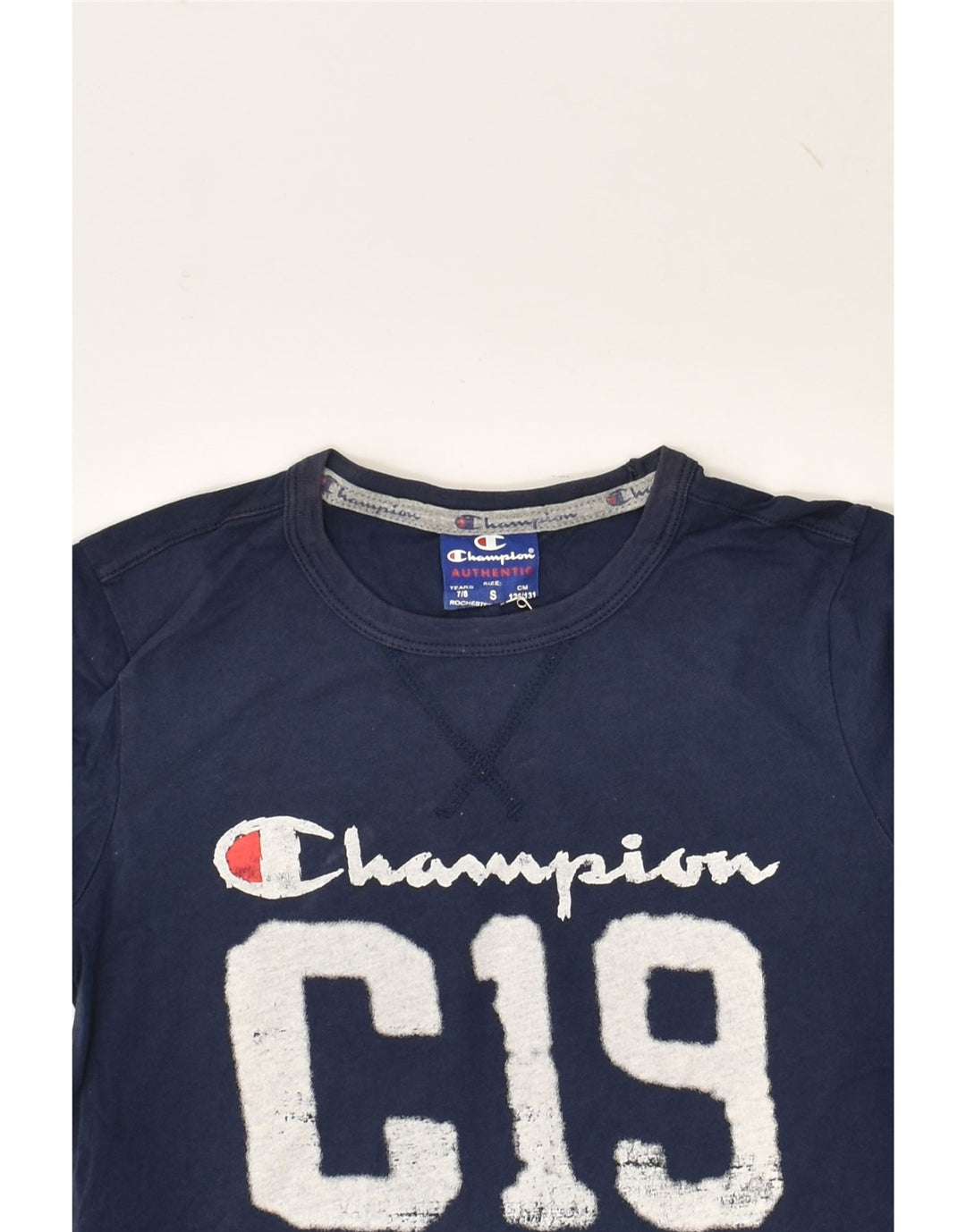 CHAMPION Boys Graphic T-Shirt Top 7-8 Years Small  Navy Blue Cotton | Vintage Champion | Thrift | Second-Hand Champion | Used Clothing | Messina Hembry 