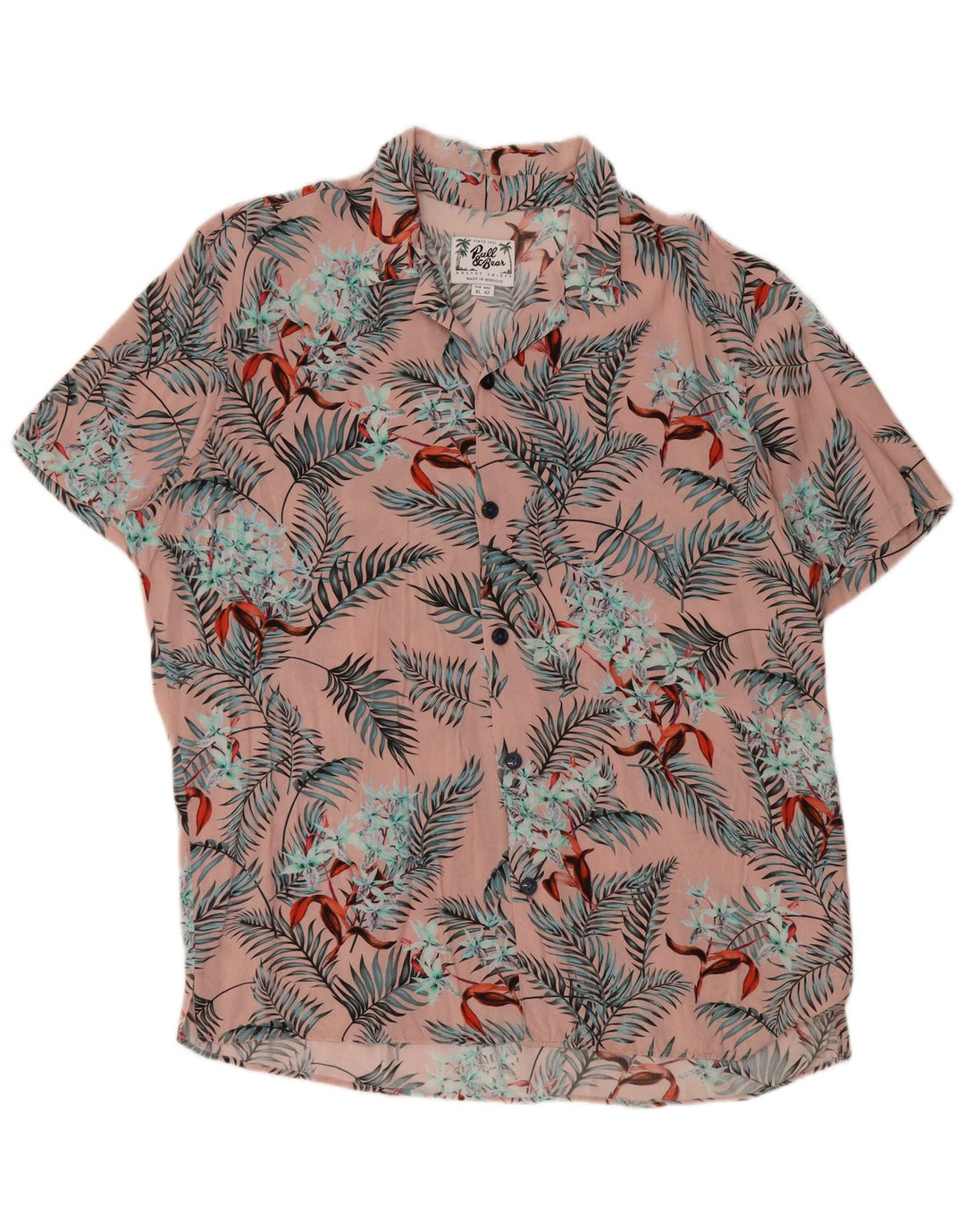 PULL & BEAR Мужская рубашка с коротким рукавом XL Розовая вискозная с цветочным принтом Гавайская