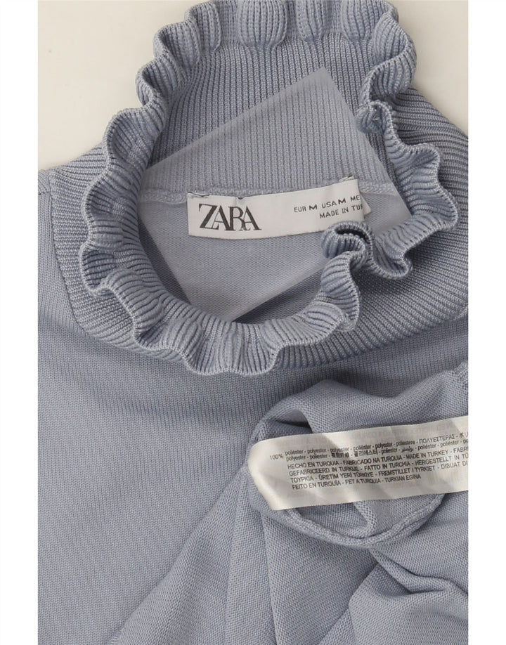 Женский укороченный джемпер с высоким воротником Zara UK 12, средний синий полиэстер