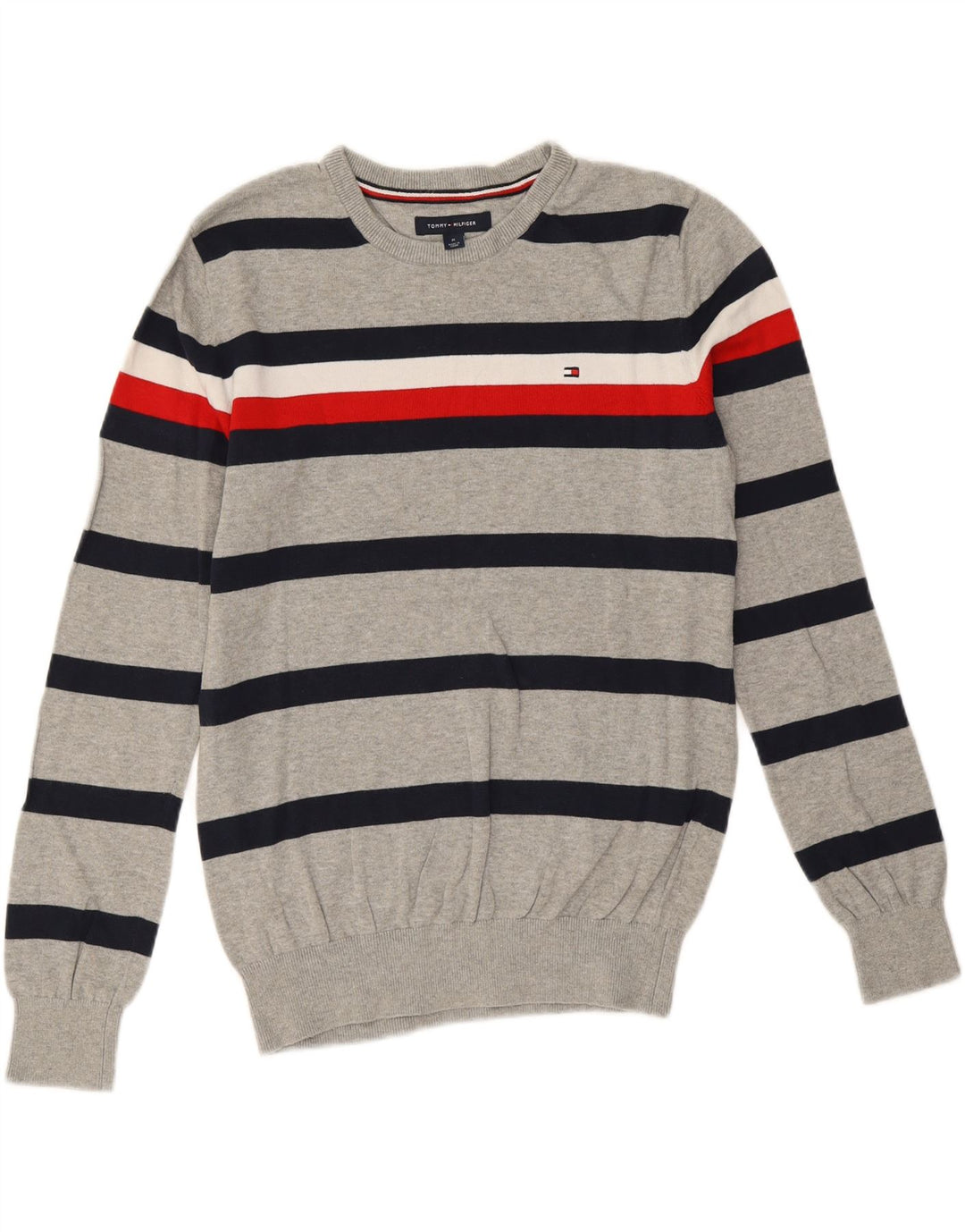 Tommy Hilfiger Мужской джемпер с круглым вырезом, хлопковый свитер среднего серого цвета в полоску