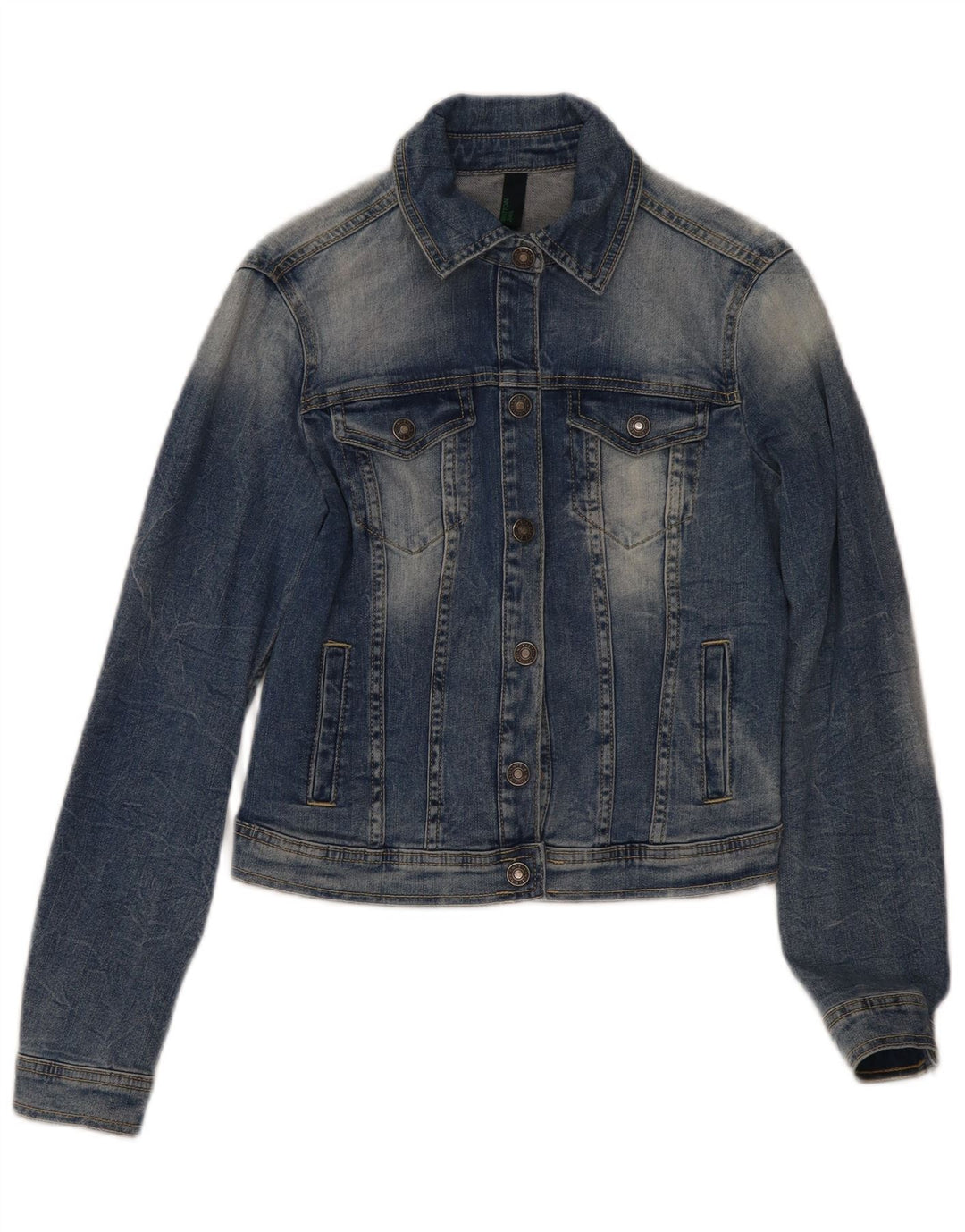 Женская укороченная джинсовая куртка Benetton UK 10, маленькая, синяя, хлопок