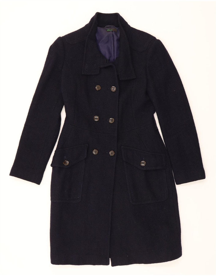 BENETTON Womens Double Breasted Coat UK 10 Small Navy Blue Wool Vintage Benetton and Second-Hand Benetton from Messina Hembry 