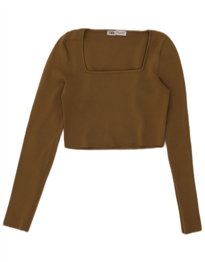 Женский укороченный топ Zara с длинным рукавом UK 12, средний цвет хаки, полиэстер