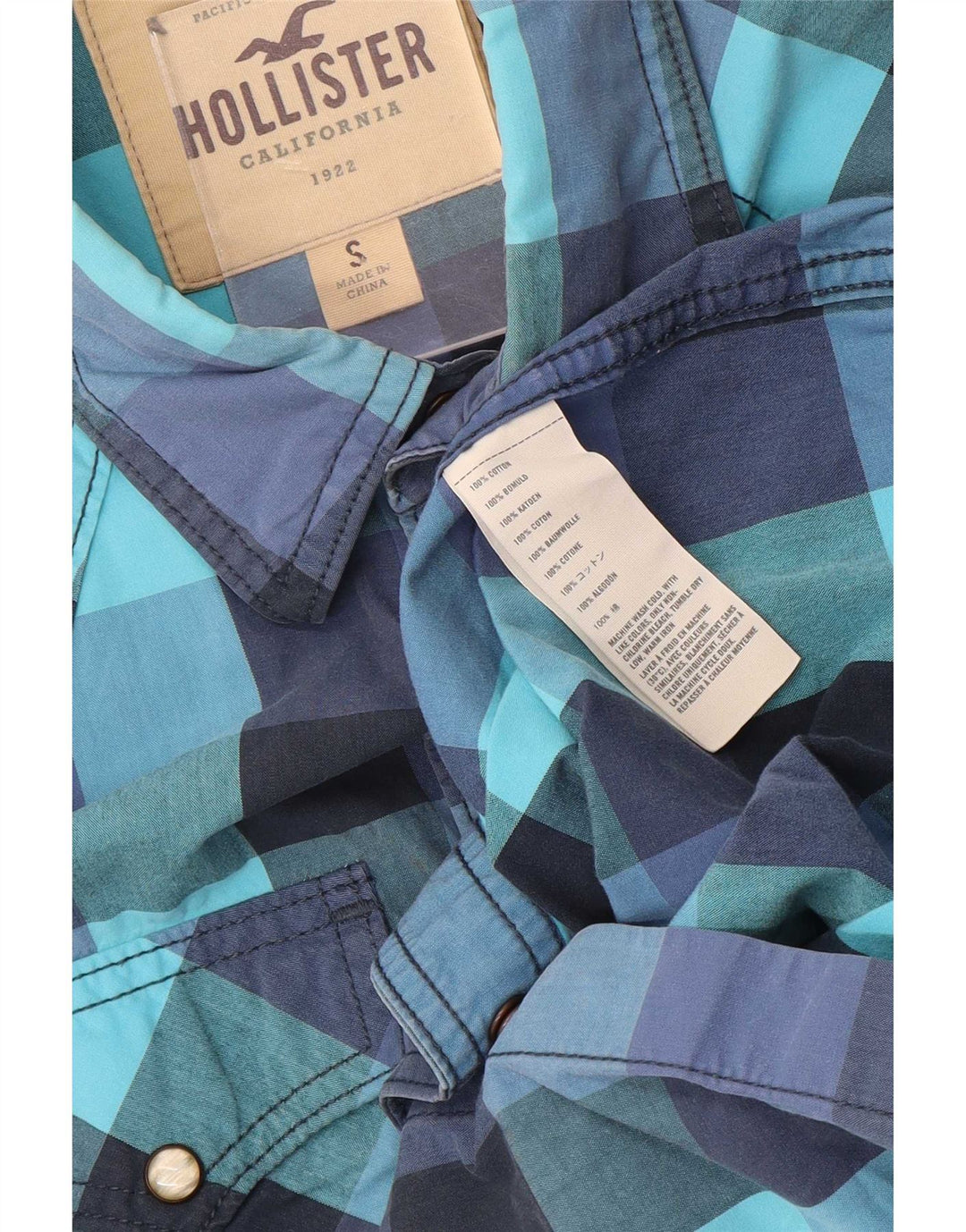 Мужская рубашка в стиле вестерн Hollister, маленькая синяя хлопковая клетка в мелкую клетку