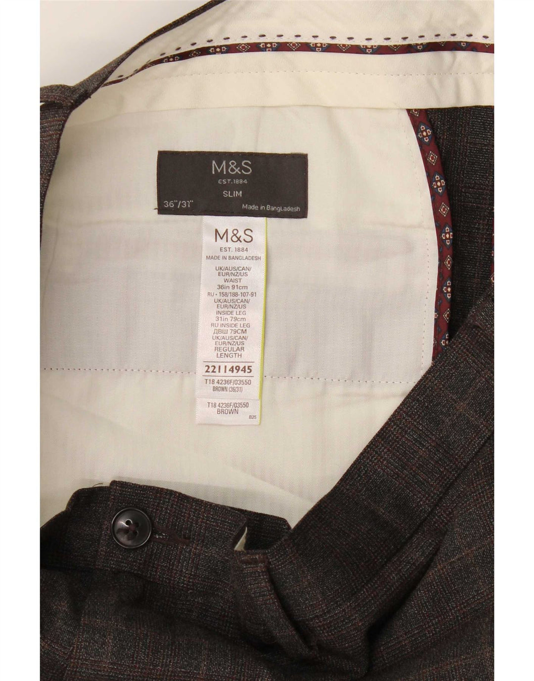 Мужские узкие брюки-чиносы Marks & Spencer W36 L31 коричневые из полиэстера в клетку