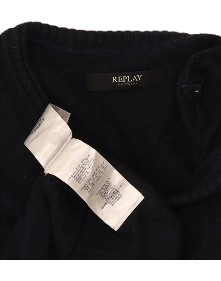 REPLAY Mens V-Neck Jumper Sweater Large Navy Blue Cotton Vintage Replay and Second-Hand Replay from Messina Hembry 