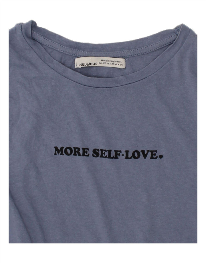 PULL & BEAR Womens Graphic T-Shirt Top UK 4 XS Blue Cotton Vintage Pull & Bear and Second-Hand Pull & Bear from Messina Hembry 