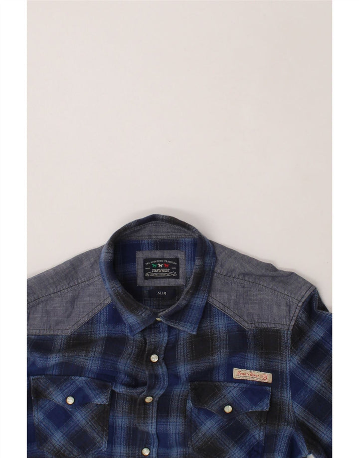 VINTAGE Mens Slim Flannel Shirt Medium Blue Check Cotton Vintage Vintage and Second-Hand Vintage from Messina Hembry 