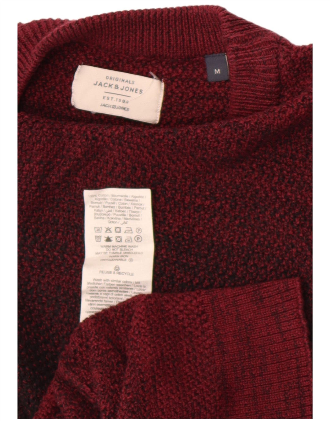 Мужской джемпер с круглым вырезом Jack & Jones, хлопковый свитер среднего темно-бордового цвета с цветными блоками