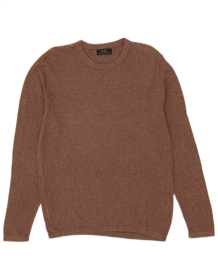 Мужской джемпер Zara с круглым вырезом, хлопковый свитер среднего коричневого цвета с крапинками
