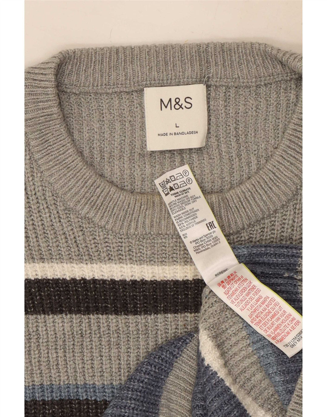 Мужской джемпер с круглым вырезом Marks & Spencer, большой серый полосатый полиэстер
