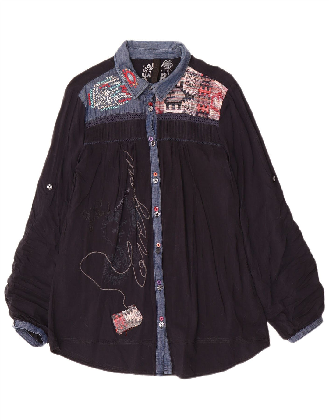 Женская блузка-рубашка с рисунком Desigual UK 18 XL Темно-синяя в стиле пэчворк