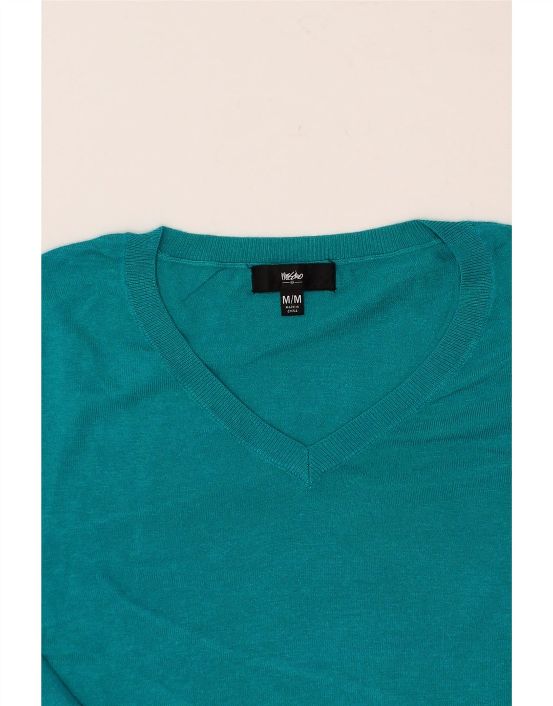 MOSSIMO Womens 3/4 Sleeve V-Neck Jumper Sweater UK 14 Medium Blue Nylon Vintage Mossimo and Second-Hand Mossimo from Messina Hembry 