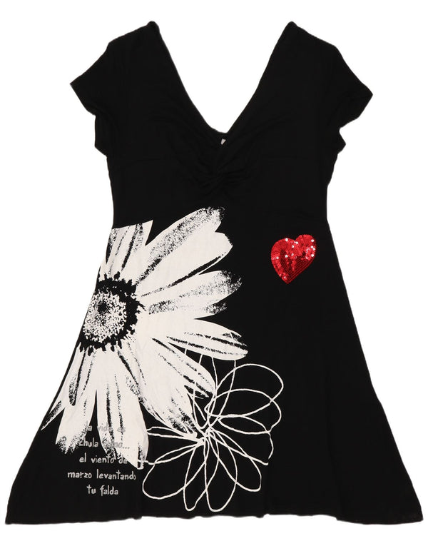 Женское платье трапециевидного силуэта с графическим рисунком Desigual UK 18 XL, черное из вискозы с цветочным принтом