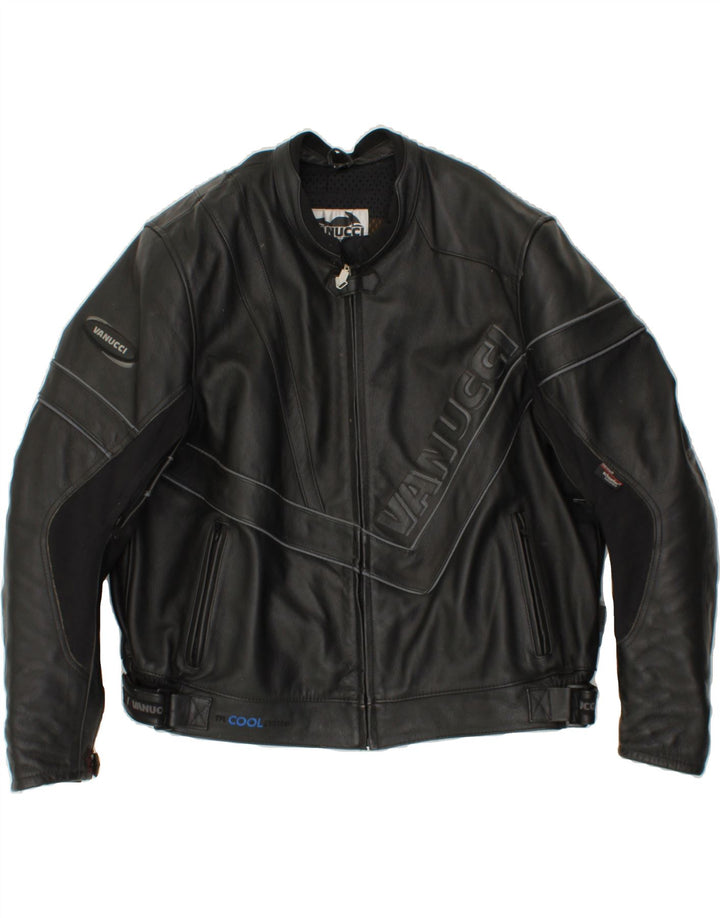 VANUCCI Mens Motorcycle Graphic Biker Jacket UK 40 Large Black Leather Vintage Vanucci and Second-Hand Vanucci from Messina Hembry 