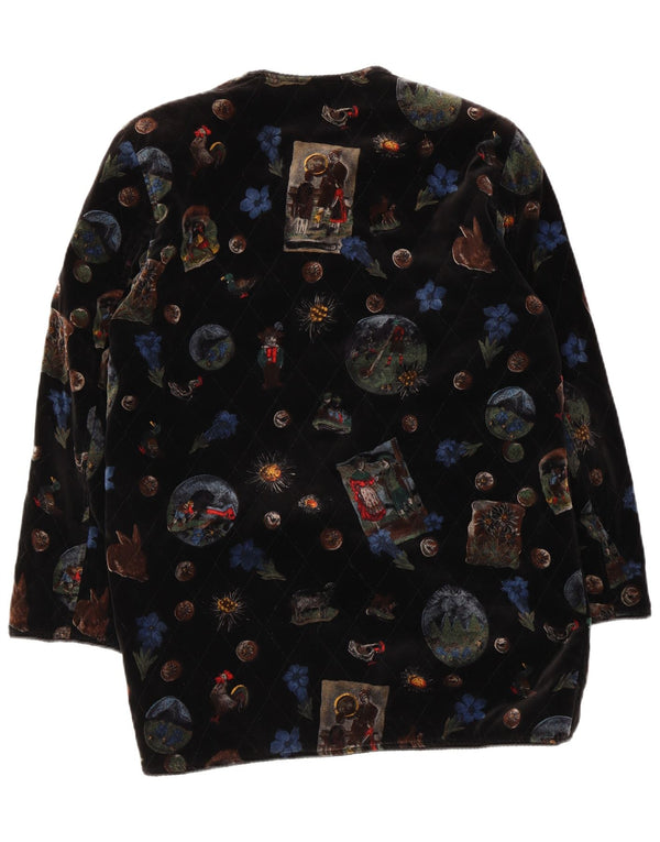 Винтажное женское бархатное пальто с рисунком UK 12, средний черный с цветочным принтом