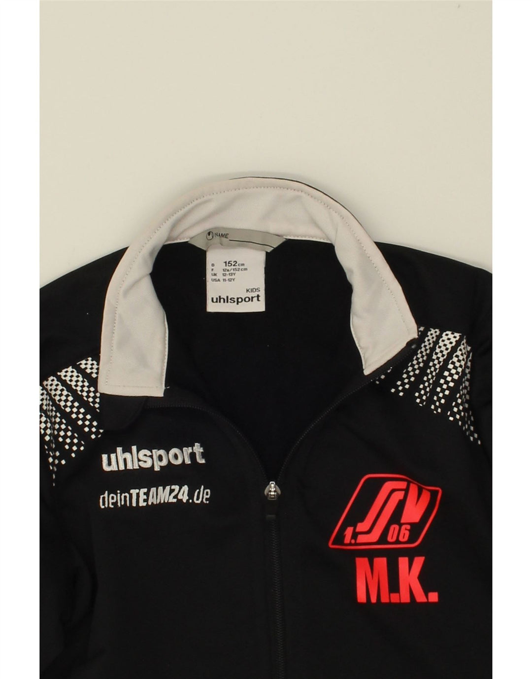 UHLSPORT Boys Graphic Tracksuit Top Jacket 12-13 Years Black Polyester Vintage Uhlsport and Second-Hand Uhlsport from Messina Hembry 